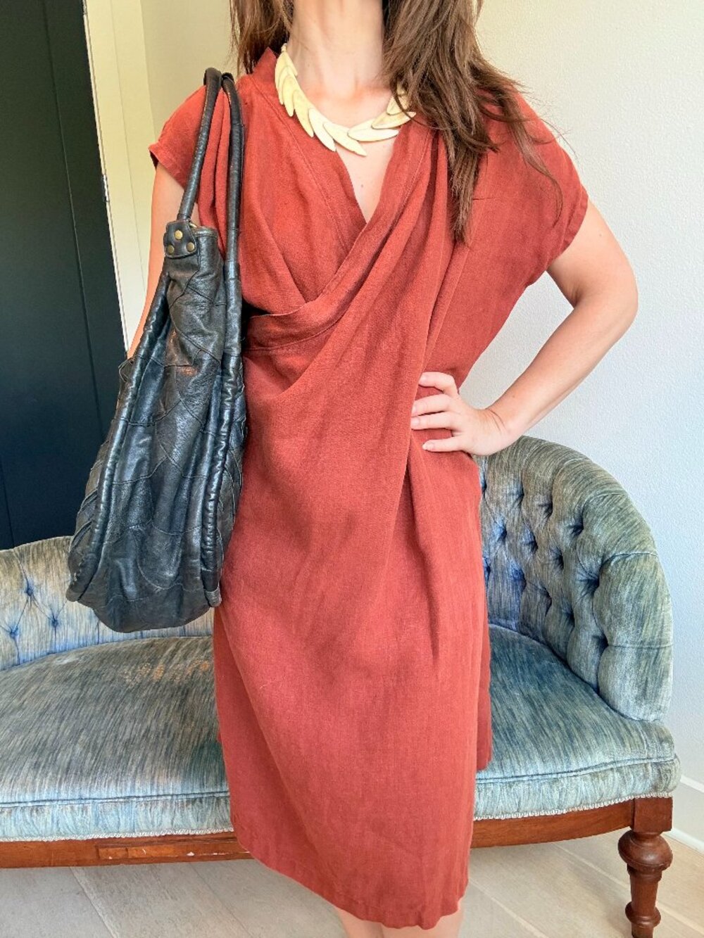 100% Linen Minimalist Sleeveless Oversized Wrap Dress Rust Red Nomad M/L
